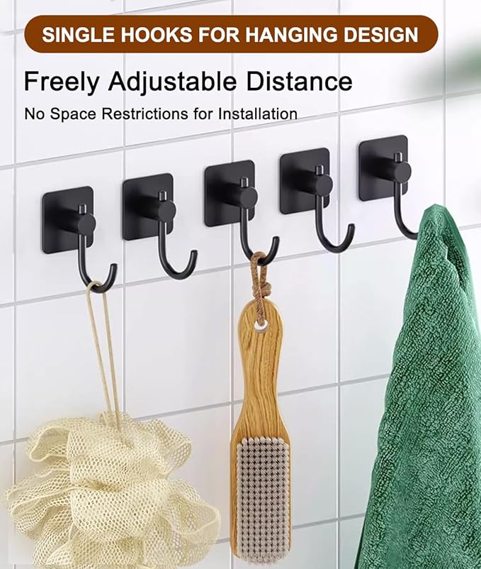 EDMILE Sticky Hooks for Hanging, 6-Pack Adhesive Wall Hooks No Drilling Stainless Steel Towel Hook for Walls No Damage, Self Adhesive Hook for Bathroom Kitchen Office, Black