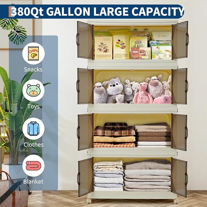 GarveeHome 380QT Stackable Storage Bins, Folding Storage Box with Magnetic Doors & Wheels, Loset Organizers and Storage with Lids, Collapsible Plastic Drawers for Bedroom Kitchen Office, White