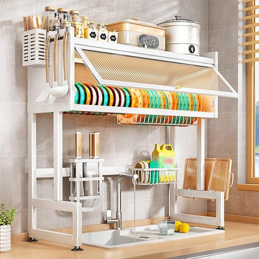 Over Sink Dish Drying Rack 2 Tier Stainless Steel Dish Drainer with Cover and Utensil Holders Large Capacity Space Saving Kitchen Organizer