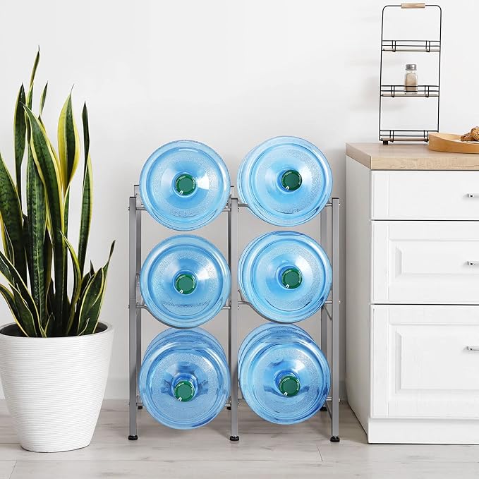 LIANTRAL 5 Gallon Water Bottle Holder, 3 Tier Silver Double Row Heavy Duty Cooler Jug Rack with 6 Slots for Home Kitchen