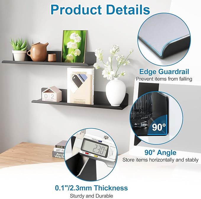 SAYAYO Black Floating Shelves for Wall Storage, 12 Inch Adhesive Wall Shelves for Bedroom Decor, Display Bathroom Shelf Organizer for Kitchen, Living Room, Office, 2pcs