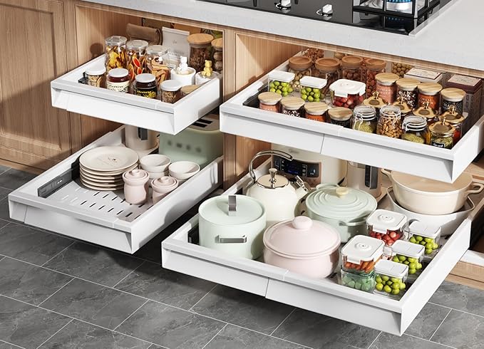 4 Pack Pull Out Cabinet Organizer Expandable Width (12"-20.8") & Depth (16.2"-23.6"), 3 Slide Rails Slide Out Drawers with Handle, Includes Raising Pad for Framed Cabinets, White