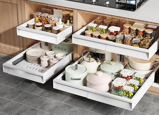 4 Pack Pull Out Cabinet Organizer Expandable Width (12"-20.8") & Depth (16.2"-23.6"), 3 Slide Rails Slide Out Drawers with Handle, Includes Raising Pad for Framed Cabinets, White