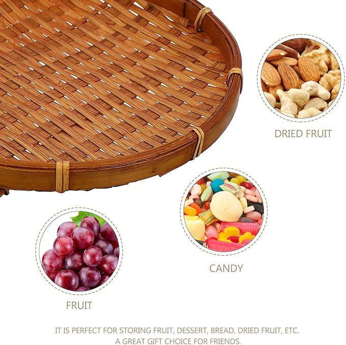Woven Bamboo Basket Snack Stand Fruit Dessert Tray Organizer with Handle for Kitchen Countertop Storage and Home Party Display