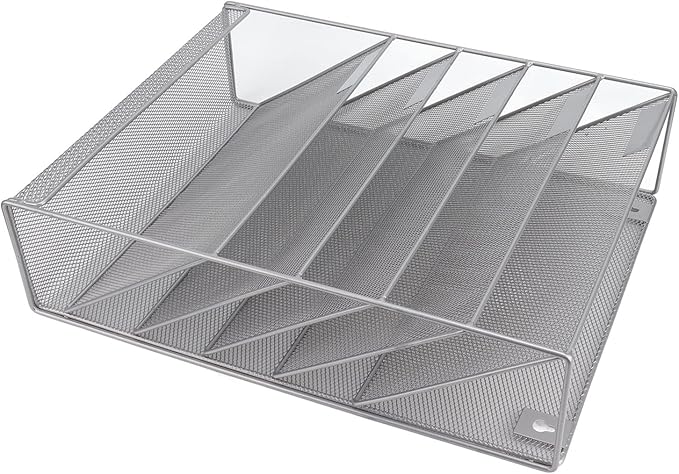 5 Tier Wall File Organizer with Hooks, Wall Mounted File Holder, Vertical Placement Iron Mesh Storage Rack with Label Panels, Easy Installation for Office Home Silver