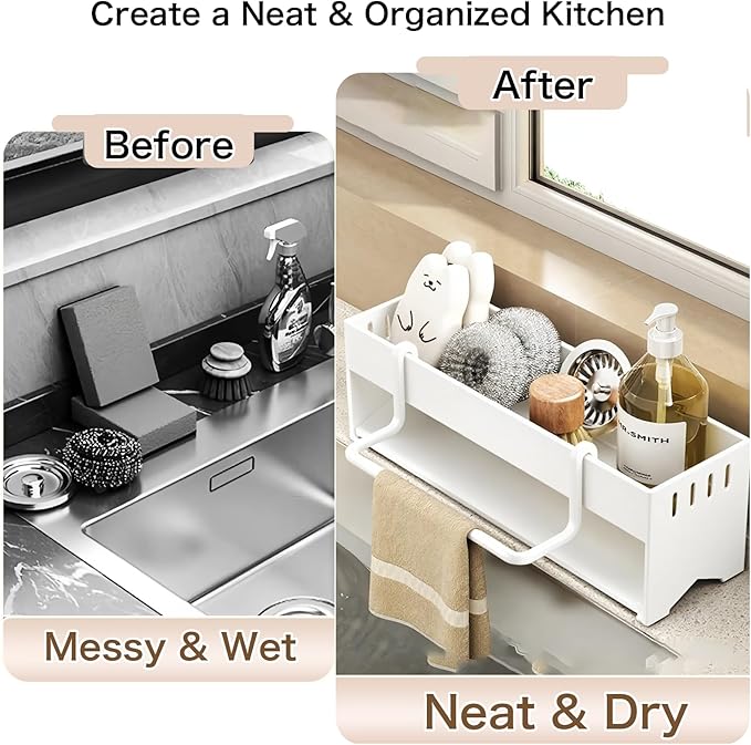 BREIS Sponge Holder for Kitchen Sink, Caddy Organizer with Rag Holder, Countertop Self-Draining Sponge Caddy, Rustproof Sink Storage Rack for Soap Dispenser Storage Accessories (Large-White)