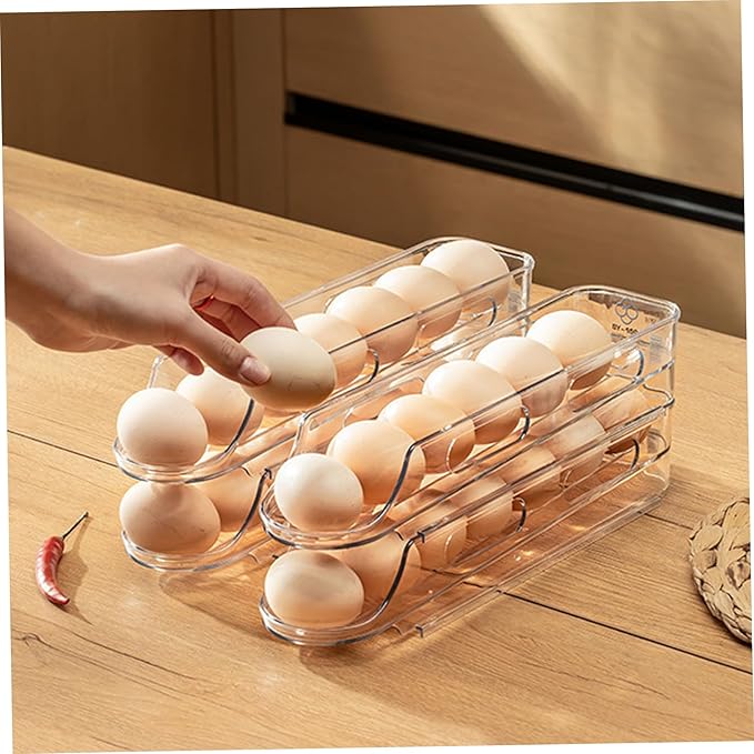 Egg Holder for Fridge, 2 Tier Automatic Scrolling Egg Storage Stackable Space-Saving Clear Plastic Fridge Container for Kitchen Restaurant