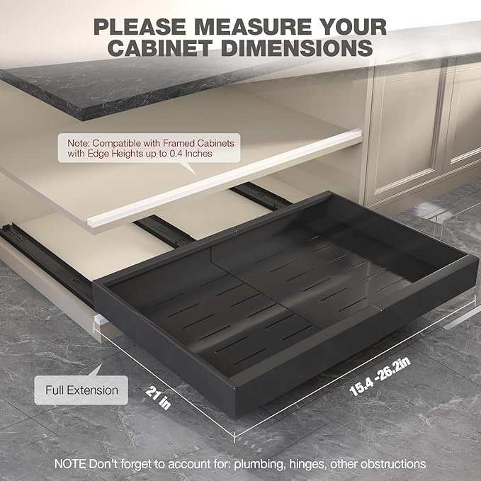 4 Pack Pull Out Cabinet Organizer 21" Deep,Full Extension 3 Slide Rails Slide Out Drawers With Raising Pad for Framed Cabinets,Expandable Width (15.4"-26.2"),No Drill Roll Out Shelves,Black