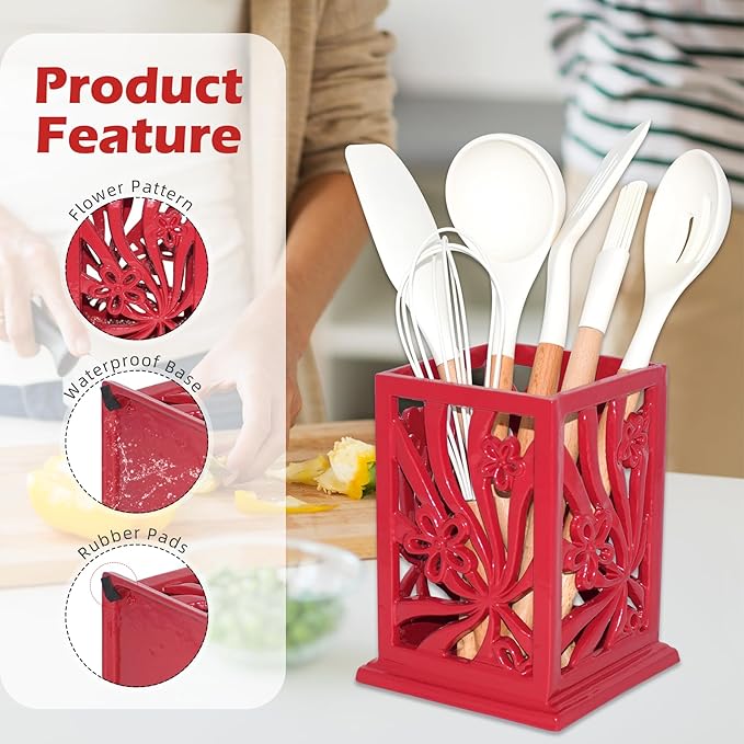Utensil Holder, Cast Iron Kitchen Utensil Crock for Countertop, Extra Large Utensil Organizer with Weighted-Base, Housewarming Vintage Decor, Classic Style, Red