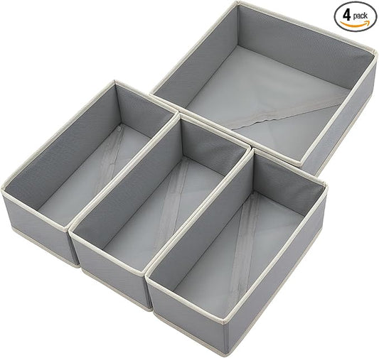 Drawer Organizer Set of 4 Light Grey - Fabric Storage Bins for Clothes, Underwear, Socks & Bras - 11" Dresser Dividers for Bedroom Closet