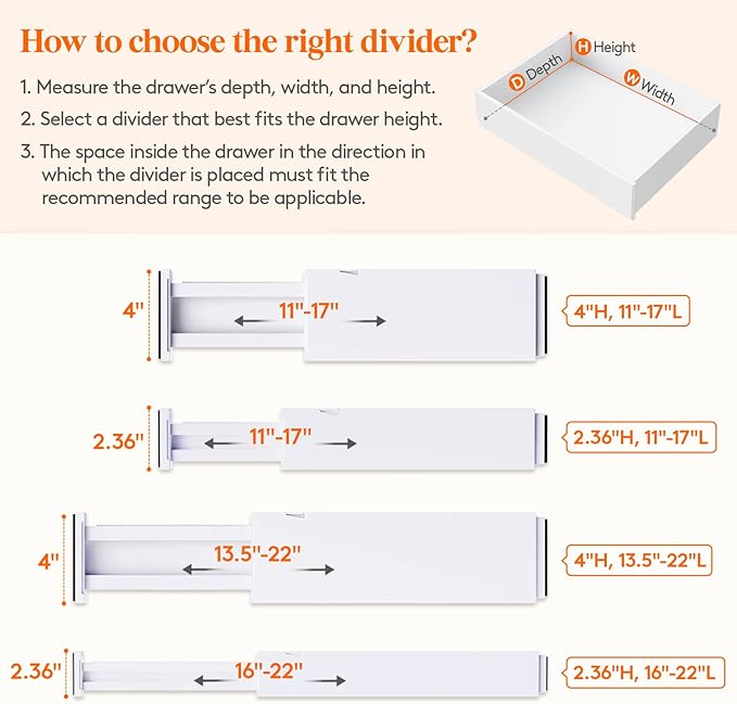 Lifewit 8 Pack Drawer Dividers Plastic 4" High, 13.5-22" Adjustable Drawer Organizers for Clothes, Expandable Dresser Separators in Bedroom/Bathroom/Kitchen/Fridge/Office Organization and Storage