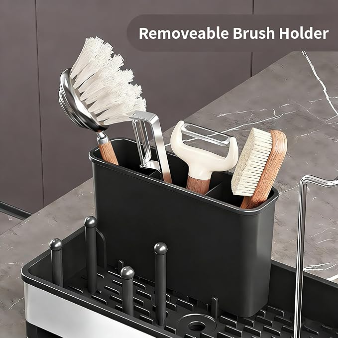 Sponge Holder for Kitchen Sink, Stainless Steel Sink Caddy with Brush Holder, Dishcloth Rack and Holds Soap Dispenser, Auto-Drain Rustproof Countertop Organizer (Black)