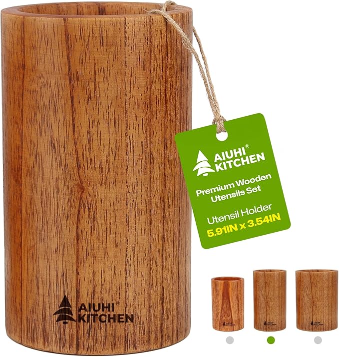 AIUHI Wood Utensil Holder for Kitchen Counter, Wooden Utensil Crock, Kitchen Utensil Organizer, 5.9"x 3.5" Large Spatula and Spoon Holders