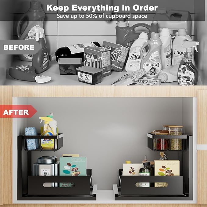 Geanbioso 2 Tier Under Sink Organizer, Storage for Kitchen Bathroom,Pull Out Cabinet Organizer Slide Out Sink Shelf Cabinet Storage Shelves (Black, 1 Pack)