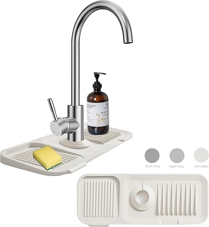 MOODKEY Kitchen Sink Splash Guard Sponge Holder for Kitchen Sink Silicone Faucet Handle Drip Catcher Tray Sink Protector for Kitchen Sink Faucet Mat Fits the Faucet Tube within 2.5"(Off-white, 14.6'')