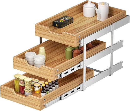 ROOMTEC 3 Tier Pull Out Cabinet Organizer, Heavy-Duty Pull Out Drawer, Slide Out Wood Shelf for Cabinets, Base Cabinet Organization for Pantry, Bathroom (12½"Wx21 D)