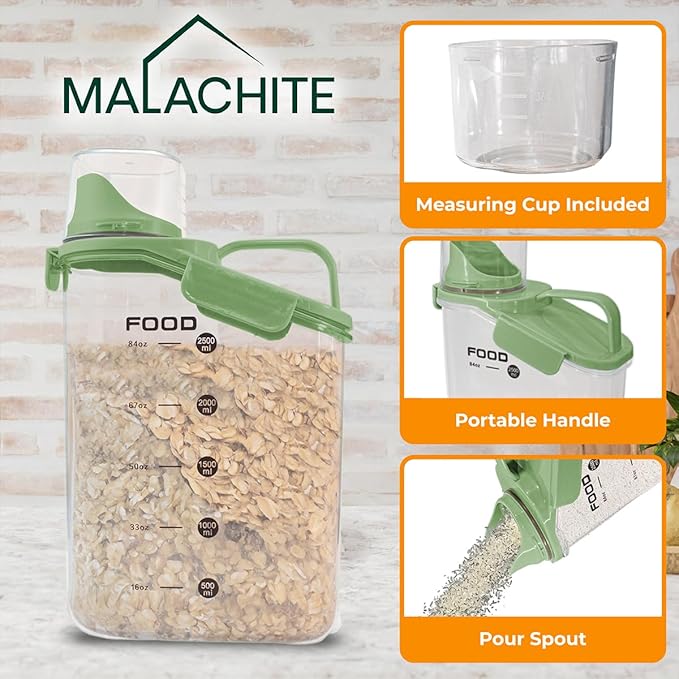 Two Pack Food & Cereal Storage Container - 2.6L Airtight Plastic Kitchen Organizer Bin with Pouring Spout, Measuring Cup Lid, Ideal for Dry Food, Rice, Sugar, Pet Food dispenser - BPA free (Green)