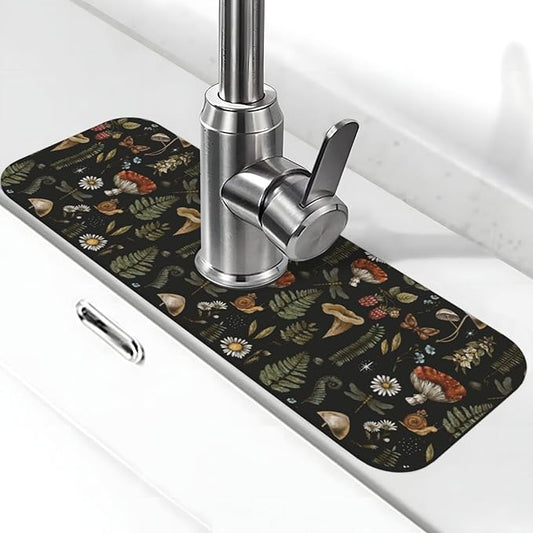 Vintage Magic Witch Mushroom Fern Witchcraft Kitchen Sink Splash Guard Faucet Mat Super Absorbent Fast Drying Mat Sink Gadgets-Fast Drying Pad Sink Mat For Kitchen Bathroom (15" X 5.5" )