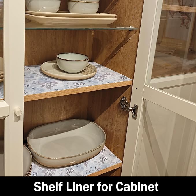 Amiitay Blue Floral Shelf and Drawer Liner for Kitchen,12IN x 20FT Non-Adhesive and Strong Non-Slip Peony Cabinet Drawer Liners for Kitchen Shelf, Waterproof Cupboard Liners,Easy to Clean