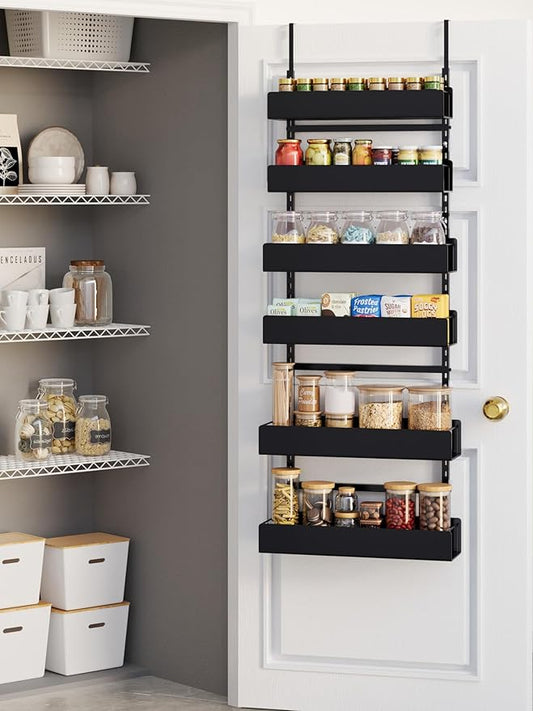 Over the Door Pantry Organizer, 6-Tier Pantry Organizers and Storage, Metal Hanging Spice Rack for Home & Kitchen, Laundry Room Bathroom Organization, Black