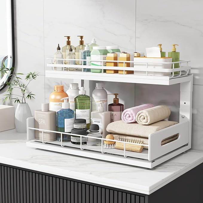 1 Pack 18 IN Depth Under Sink Organizer with Smooth Ball Bearing Slides,2-Tier Pull Out Cabinet Storage,Slide Out Drawers for Bathroom&Kitchen,Rust-resistant Coating,Height Adjustable-White