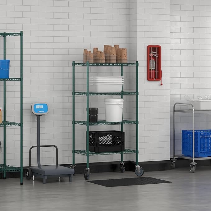 Commercial NSF Listed Green Epoxy Mobile Wire Shelving Kit 18" x 30" x 60", with 4 Shelves Perfect for Warehouse, Walk-in Refrigerator, Freezer, Grocery Store, Restaurant, Dishroom