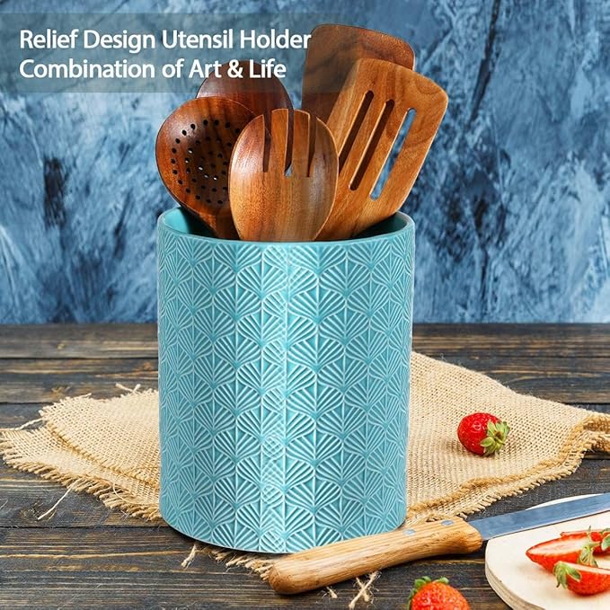 Ceramic Utensils Holder，Extra Large Stable Ceramic Cooking Tool Organizer Set for Kitchen，For Countertop ,Blue