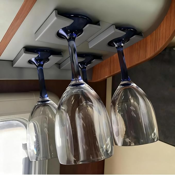 RV Wine Glass Holder for Campers, Ceiling Mount Stemware Rack with 3M Adhesive, Under Cabinet Storage Solution for Motorhomes, Van Conversions, Travel (2, Gray)