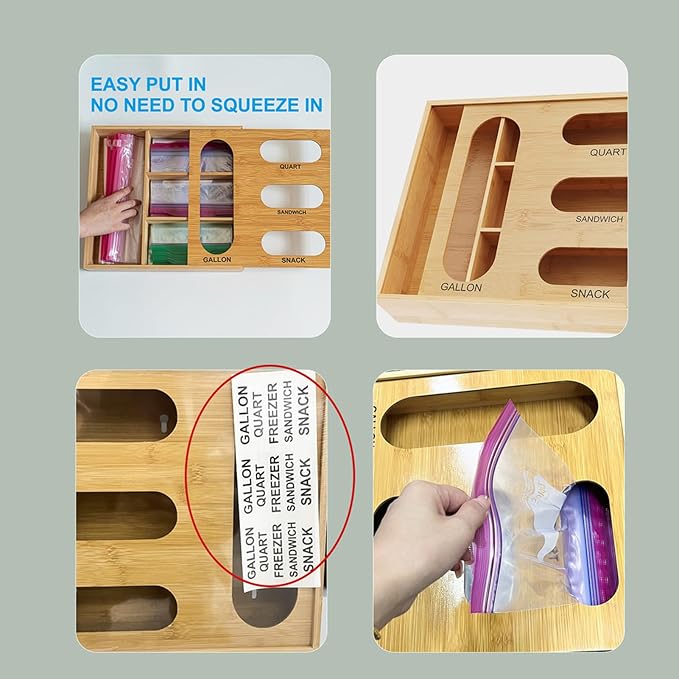 Baggie Organizer - 4 In 1 Kitchen Container, Storage Bag Organizer Kitchen Drawer,Bamboo Storage Bag Organizerr Single Block Design For Gallon Quart Sandwich Snack Cabinet Closet Bathroom
