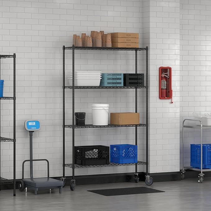 Commercial NSF Listed Black Epoxy Mobile Wire Shelving Kit 14" x 48" x 80", with 4 Shelves Perfect for Warehouse, Walk-in Refrigerator, Freezer, Grocery Store, Restaurant, Dishroom