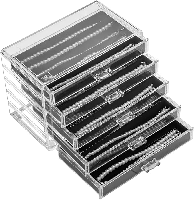 Necklace Holder Organizer, Dustproof Necklace Box Velvet Necklace Organizer Box with Lid Clear Acrylic Dustproof Stackable Jewelry Displays for Necklaces Chain Display (Black, 5 Drawer)