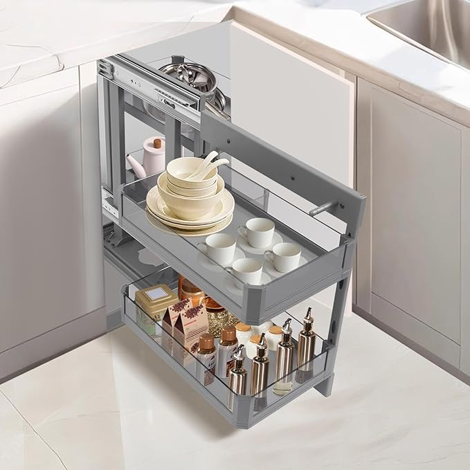 14.57" Blind Corner Cabinet Organizer,2 Tiers Blind Corner Cabinet Pull-out Organizer with 4 Baskets，Kitchen Slide Out Cabinet Organizer for 32" Cabinet, Left Open & Right Open Compatible