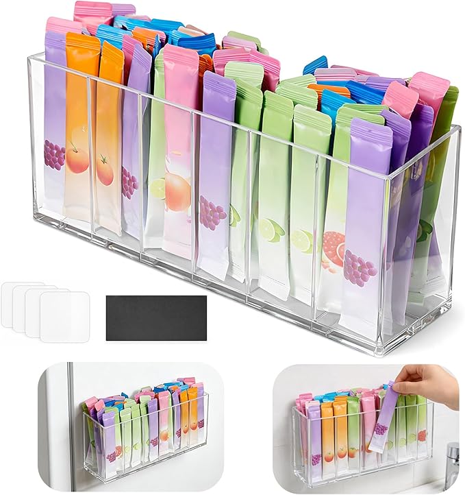 Drink Packet Organizer with Removable Divider & 6 Compartment, Mounted Water Packet Organizer with Soft Magnetic and Adhesive Sticker, Water Flavor Packet Storage for Kitchen Pantry Cabinet Fridge