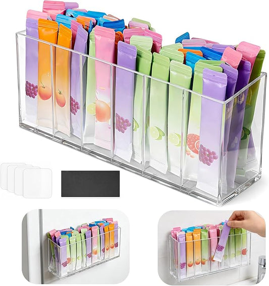 Drink Packet Organizer with Removable Divider & 6 Compartment, Mounted Water Packet Organizer with Soft Magnetic and Adhesive Sticker, Water Flavor Packet Storage for Kitchen Pantry Cabinet Fridge