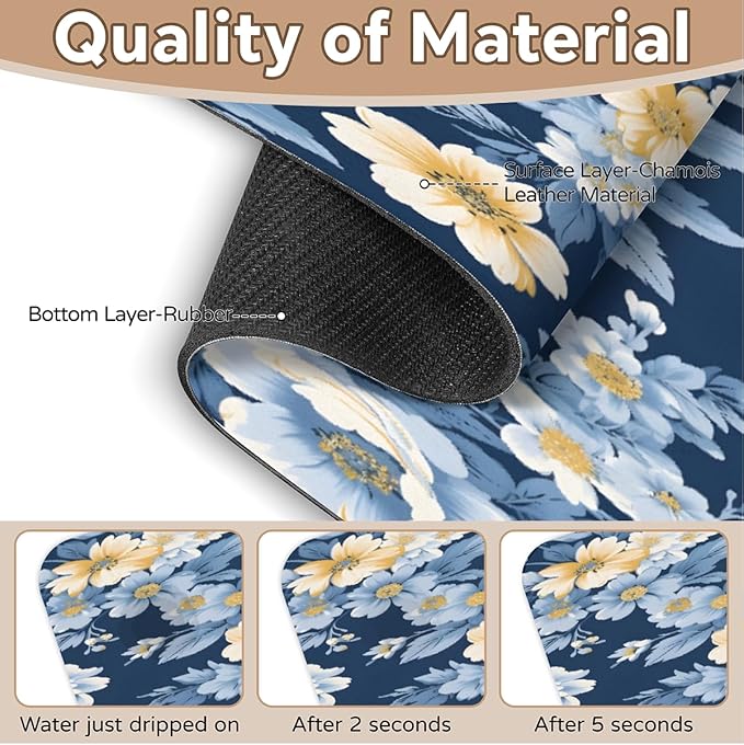 Deep Blue Floral Kitchen Faucet Mat Splash Guard, 15.4”x5.7” Absorbent Quick Drying Sink Mat for Countertop Protection, Draining Mat Sink Protectors For Kitchen Bathroom, 1 Pack