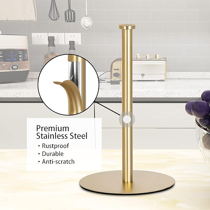 Gold Paper Towel Holder Countertop, OBODING, Kitchen Paper Towel Holder Stand for Kitchen and Bathroom Organization and Storage, Paper Towel Holders for Standard and Large Size Rolls (Gold)