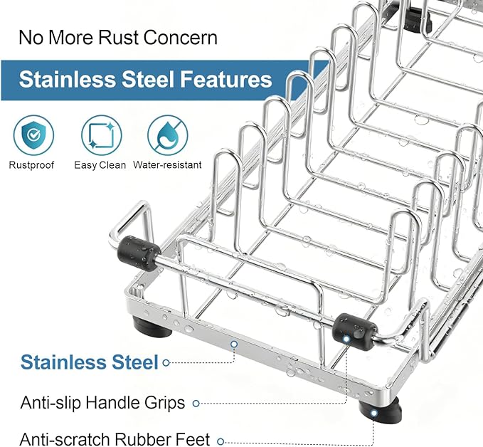 GSlife Small Dish Drying Rack for Counter or Over Sink, Stainless Steel Expandable Dish Drainer with Drain Board and 360° Swivel Drain Spout, Compact for RV, Camper, 1-2 People, Narrow 6.5" W, Silver