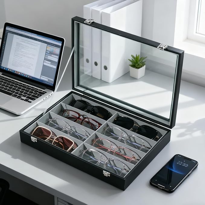Glasses Holder Box Drawer Sunglass Organizer for Men Clear Wide Storage Case 8 Slots Multiple Reading Glasses Display, Black Leather With Clear Glass Lid