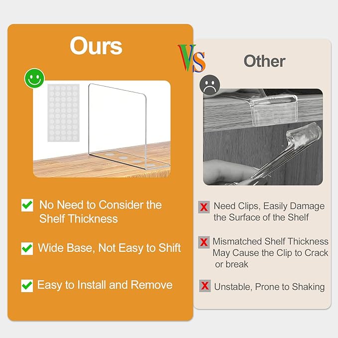 Shelf Dividers for Closet Organization: 10" Tall x 12" Deep, Adhesive Separators Features Acrylic Material and Provides Storage for Clothes and Purses in Bedroom Cabinets(8-Pack)