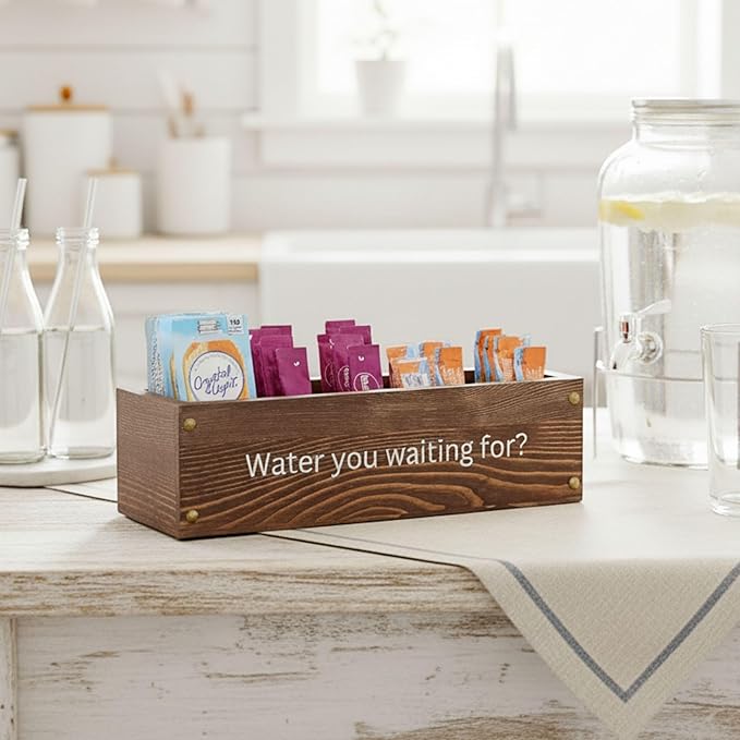 GoFika Water Packet Organizer | Drink Mix Holder | Hydration Station | 5 Slots Wood Caddy Brown