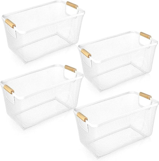 4 Pcs Metal Wire Basket with Wooden Handles Mesh Steel Storage Organizer Bin Containers for Home Organizing Cabinet Pantry Closet Kitchen Fridge Fruit Makeup Snacks Gifts(Large,Cream White)