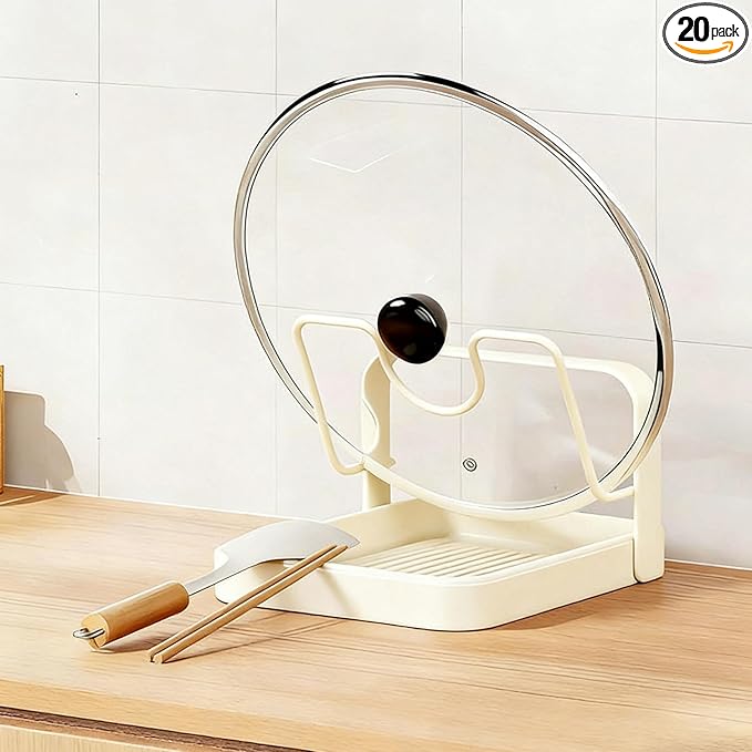 Kitchen Pot Lid Storage Rack, 2026 New Pot Lid Holder While Cooking & Spoon Rest, Multifunctional Kitchen Pot Cover Organizer for Countertop, with Removable Drip Tray (Beige * Single-layer)