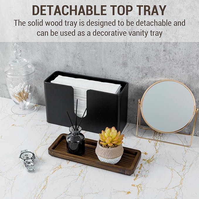 MyGift Wall Mounted Deluxe Black Metal Folded Commercial Paper Towel Holders with Burnt Solid Wood Tray Lids, Hanging Trifold Multifold Z Fold Disposable Napkin Dispensers, 11 & 10 Inch, 2 Piece Set