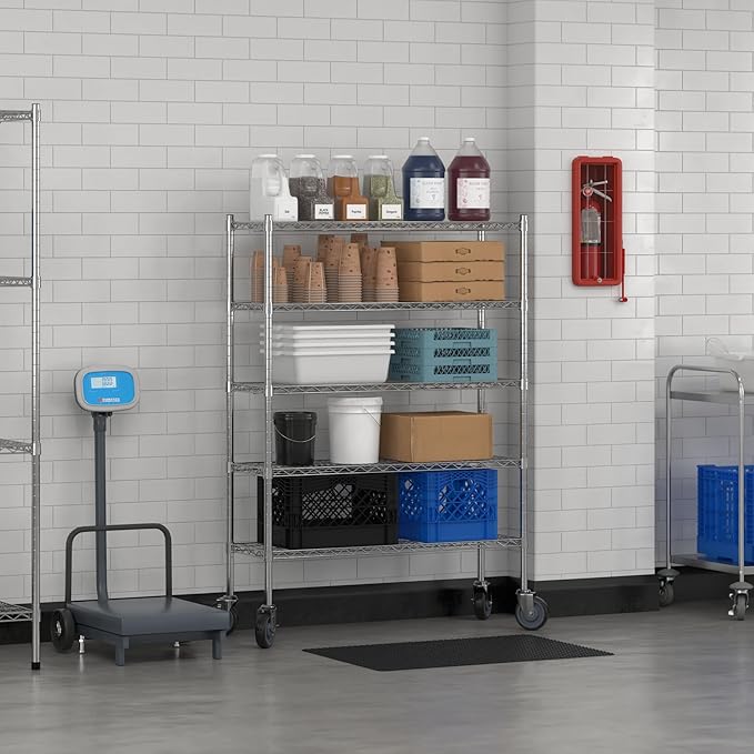 Commercial NSF Listed Chrome Mobile Wire Shelving Kit 14" x 42" x 60", with 5 Shelves Perfect for Warehouse, Walk-in Refrigerator, Freezer, Grocery Store, Restaurant, Dishroom