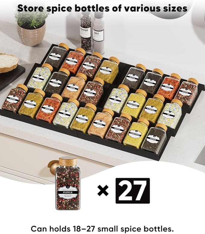 Artibear ABS Spice Drawer Organizer, Spice Rack Tray for Kitchen Cabinet, 6 Pieces Set-Expandable Seasoning Storage Rack From 8"-16" Insert for Drawer/Countertop (Jars Not Included)