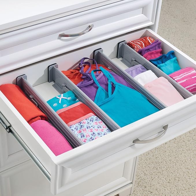 mDesign Expandable Dresser Drawer Organizer, Adjustable Drawer Divider, Foam Ends, Strong Secure Hold, Locks in Place, Separators for Closet, Cabinet Storage, Ligne Collection, 4 Pack, Gray/Black