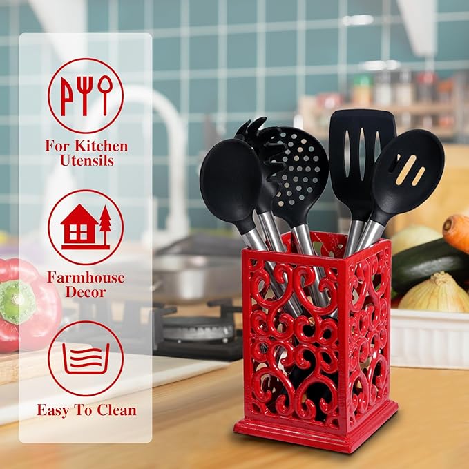 jogreful Utensil Holder, Cast Iron Kitchen Utensil Crock for Countertop, Extra Large Utensil Organizer with Weighted-Base, Housewarming Vintage Decor, Vine Pattern, Red
