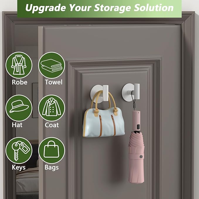 VINHOLD Heavy Duty White Towel Hooks, Stainless Steel Adhesive Coat Hooks for Bags, Towels, Robes, Hats, Aprons – No Drill Bathroom, Kitchen, Hotel Wall Hooks (2 Pack)
