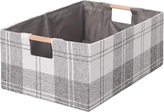 Fabric Storage Bin Box Collapsible Cotton Linen Storage Cube with Wooden Handles Rectangular Decorative Home Organizer Clothes Blanket Basket– Light Gray Plaid, Small
