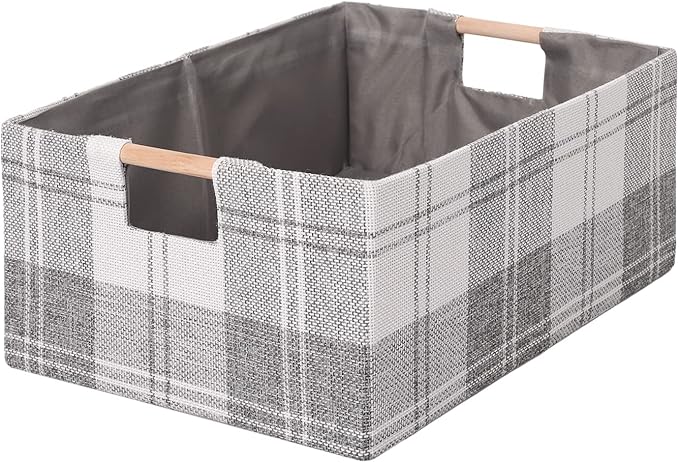 Fabric Storage Bin Box Collapsible Cotton Linen Storage Cube with Wooden Handles Rectangular Decorative Home Organizer Clothes Blanket Basket– Light Gray Plaid, Medium